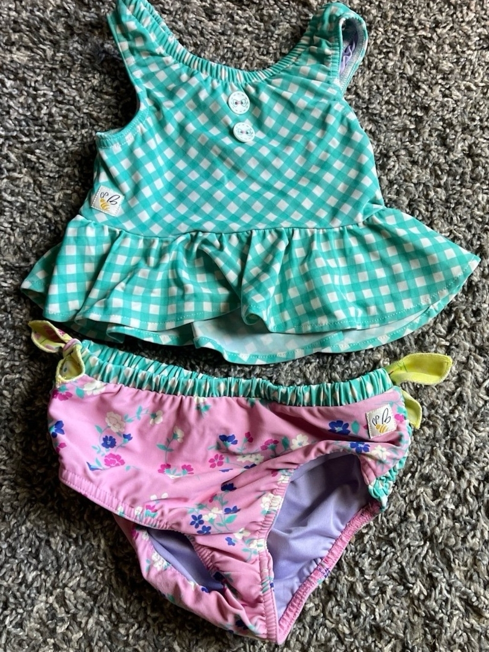 Wildflowers Two-Piece Swim Set in Teal Gingham and Pink Floral